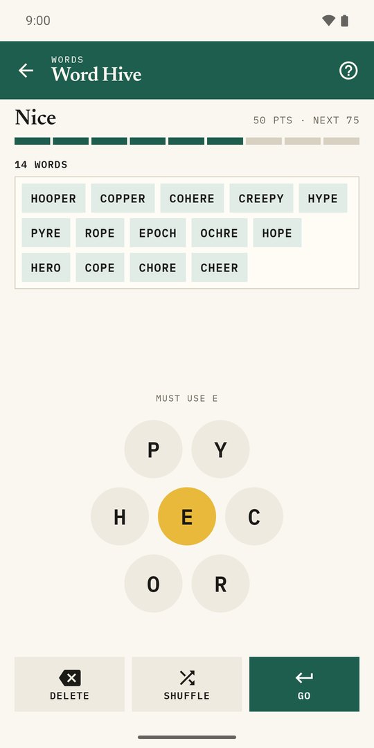 Word Hive, fourteen words found